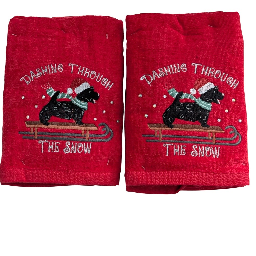 2PK Christmas Red Cotton Hand Towels Scottie Dog Dashing Through The Snow 16x26